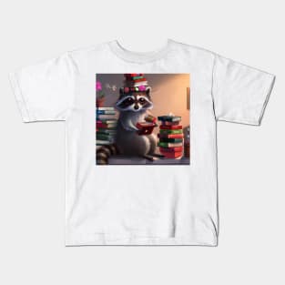 Cozy Raccoon Reading Books Kids T-Shirt